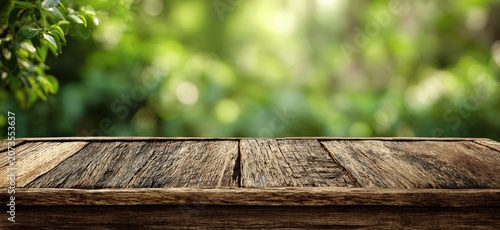 A rustic wooden surface is presented in the foreground, seamlessly blending with a vibrant, blurred background of lush greenery and dappled sunlight, creating a serene and natural aesthetic.