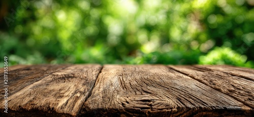 A rustic wooden table is presented against a blurred, lush green foliage backdrop.