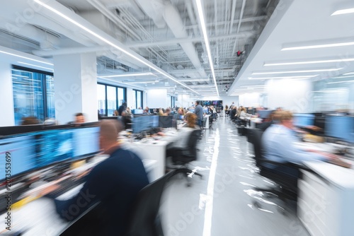 A blurred, dynamic perspective captures a bustling modern office environment filled with numerous employees working at their desks, showcasing a vibrant and energetic workspace.