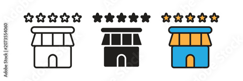 Store Rating And Marketplace Review Icon Set.A retail shopfront building icon beneath a five star ranking system representing marketplace review store evaluation and customer feedback.