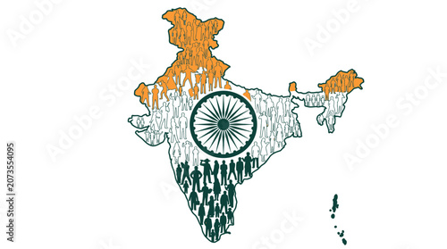 Canvastavla India Map Silhouette with Flag Colors and Crowd Illustration