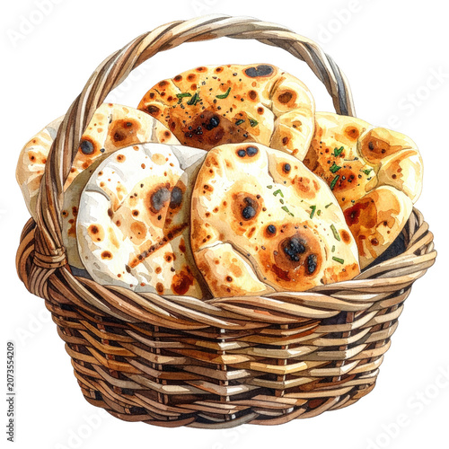 A rustic wicker basket overflowing with golden-brown, freshly baked flatbread