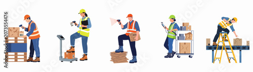 Set of flat vector illustrations featuring diverse warehouse workers performing various logistics tasks like scanning, weighing, and sorting packages in a distribution center.