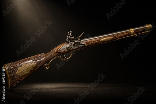 Antique flintlock musket with ornate wooden stock and brass fittings.
