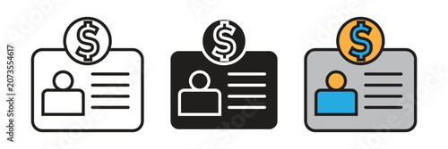 Monetized ID Card Vector Icon Set. Personal identity badge icons decorated with financial dollar coin signs crafted in modern minimal and flat color combinations.