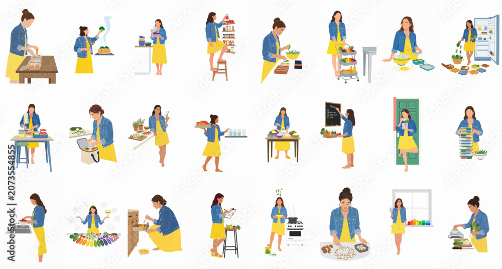 Fototapeta premium Flat vector illustrations of a woman meal prepping, cooking, and organizing food in her kitchen for a healthy lifestyle.