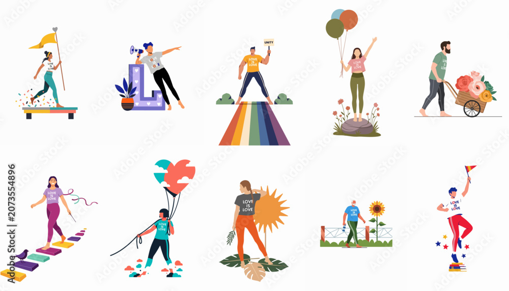 Fototapeta premium Diverse people celebrating LGBTQ+ pride and equality in a series of colorful flat illustrations featuring the message 'Love is Love'.