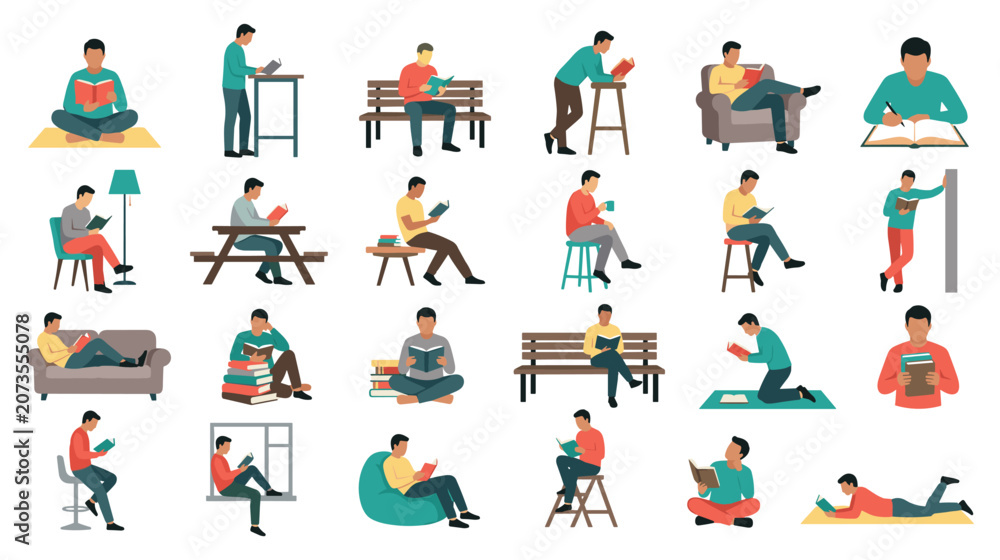 Fototapeta premium People reading books flat vector characters set isolated on white background.