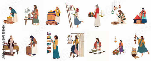 Foto Collection of diverse women engaged in traditional herbalism, spice trading, and aromatic crafts in a rustic, bohemian flat illustration style