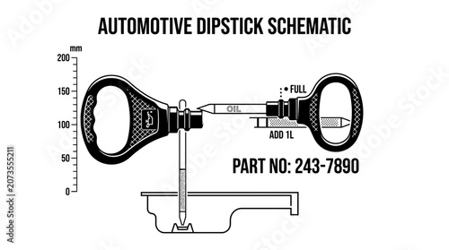 Automotive dipstick schematic showing engine oil level measurement.