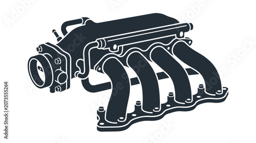 Automotive engine intake manifold isometric line art drawing.