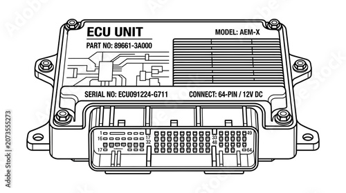 Automotive engine control unit ECU technical line art drawing.