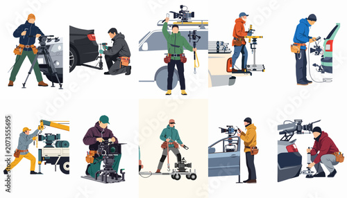 Tableau sur toile Flat illustration set of professional film crew members and grips setting up cinema cameras, rigs, and car mounts for video production
