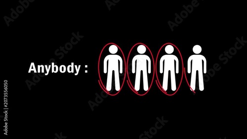 Animated silhouette of a person circled in red, anybody concept, black background, 4K video.