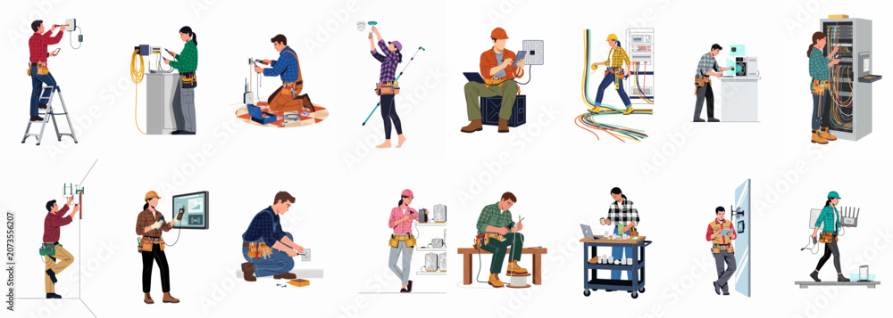 Fototapeta premium Collection of flat vector illustrations featuring diverse technicians and engineers installing and maintaining network equipment, wiring, and smart home systems in various settings.