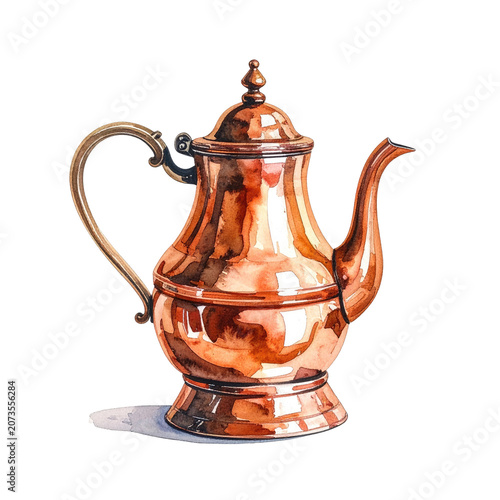 A gleaming copper teapot, rendered in watercolor, features a curved handle and elegant spout