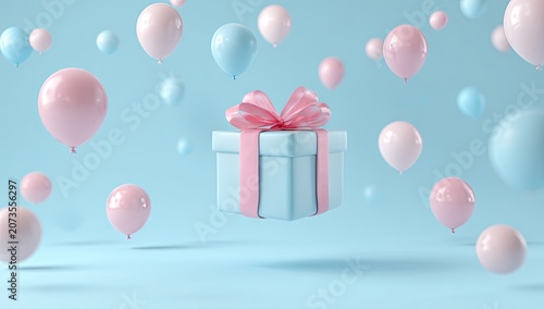 A light blue gift box adorned with a pink ribbon floats amidst a whimsical arrangement of pink and blue balloons against a soft blue background, evoking a sense of celebration and joy.