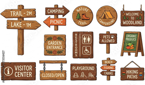 Cuadro en lienzo Wooden sign board cartoon vector set with rustic direction signs