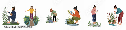 Konstfotografi Collection of illustrations showing young women exploring nature through field research, botanical studies, sketching, and navigating with a compass in the wild