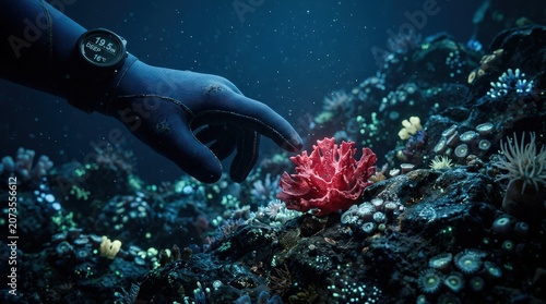 Divers hand gently touches vibrant red coral amidst diverse deep sea reef ecosystem