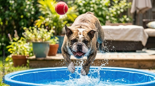 Energetic English Bulldog Leaping Joyfully into a Backyard Kiddie Pool Chasing a Red Ball