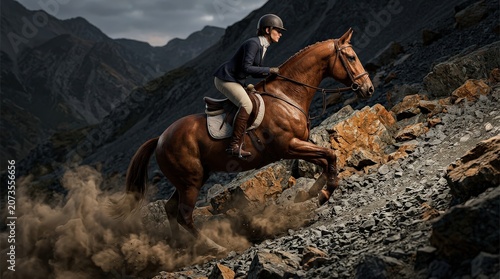 Equestrian rider expertly navigates a steep, rocky mountain terrain on horseback, creating a dynamic and adventurous scene.
