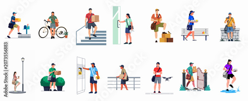 Fotografi Collection of diverse delivery service workers and couriers delivering packages and mail in various urban scenarios, flat vector illustration set