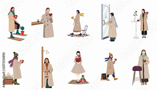 Tableau sur toile Collection of diverse women in stylish beige coats holding heart-shaped chocolate boxes, celebrating Valentine's Day in a flat illustration style