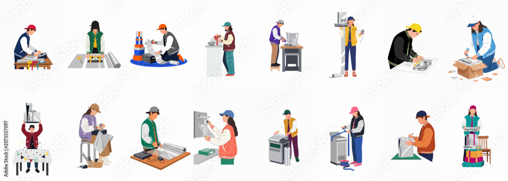 Fototapeta premium Set of diverse characters in varsity jackets wrapping gaming consoles and electronic devices as gifts, featuring a modern flat illustration style.