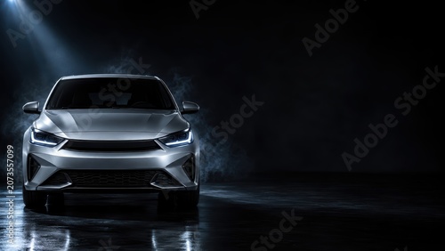 Silver car front view in black studio lighting. Concept for premium automotive product reveal, dealership marketing, luxury vehicle design and clean mobility branding.
