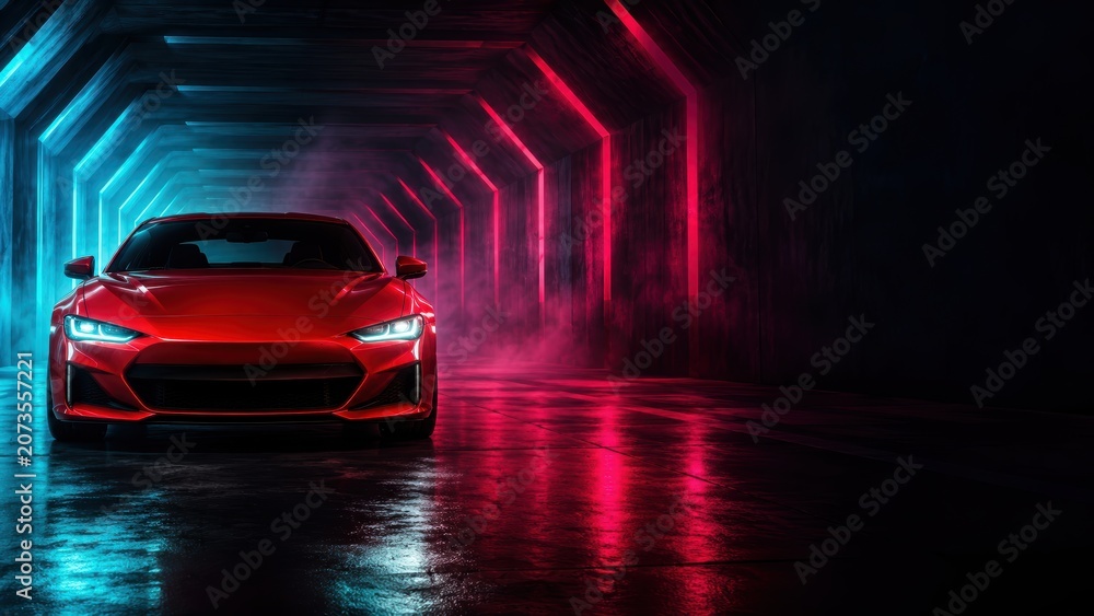 Naklejka premium Red sports car in glowing neon tunnel on wet floor. Concept for performance automotive advertising, speed technology, luxury car launch and futuristic mobility. 