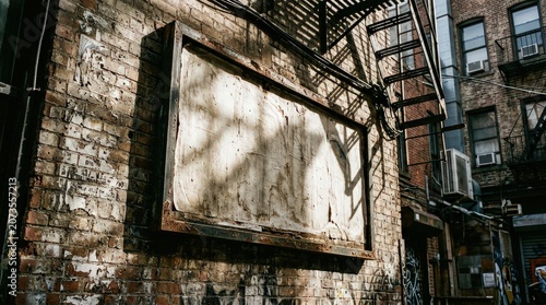 Gritty Urban Alleyway With Weathered Brick Wall And Faded Advertising Billboard, Sunlight Dapples Wall