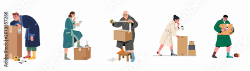 Bild auf Leinwand Collection of diverse people in bathrobes experiencing frustration and difficulty while packing, taping, and labeling cardboard boxes for online shopping product returns