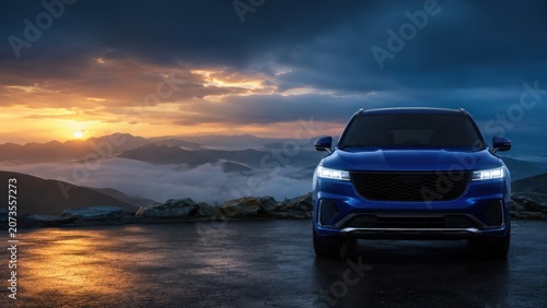 Blue SUV front view on mountain road at sunset. Concept for adventure driving, premium automotive campaign, SUV lifestyle and road travel marketing.
