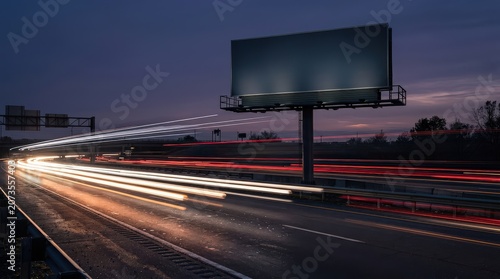 Nighttime Highway Billboard Illuminated by Motion Blur Light Trails of Passing Vehicles