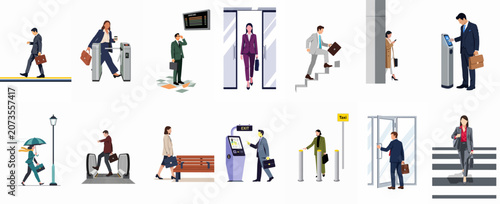 Set of flat vector illustrations featuring businesspeople commuting, traveling, and navigating urban environments like airports, train stations, and offices.