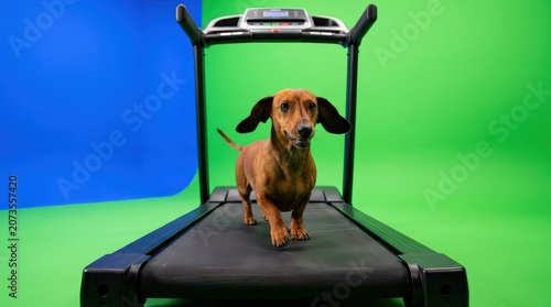 Playful Dachshund Enjoys a Workout on a Treadmill with a Vibrant Green and Blue Screen Backdrop