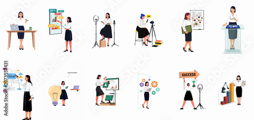 Collection of flat vector illustrations showing a professional businesswoman in diverse work scenarios including presentations, live streaming, strategy planning, and celebrating success.