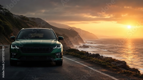 Green luxury car on coastal road at golden sunset. Concept for scenic automotive travel, premium mobility, road trip advertising and electric vehicle marketing.
