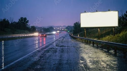 Rainy Dusk Highway Billboard Reflecting City Lights and Traffic