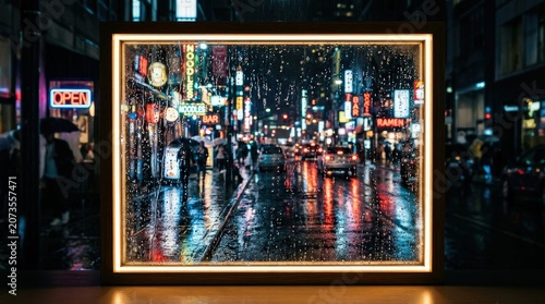 Rainy Night Cityscape Through Streaked Window, Vibrant Neon Lights Reflecting on Wet Streets, Cinematic Urban Atmosphere