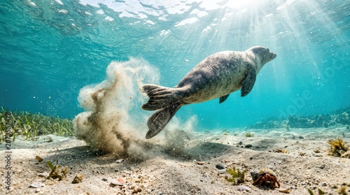 Playful Seal Kicking Up Sand Underwater, Sunlight Rays Illuminating Ocean Floor