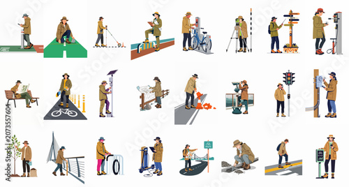 Cuadro en lienzo Comprehensive collection of illustrations featuring urban planners and city workers conducting various infrastructure, surveying, maintenance, and smart city management tasks in an urban environment