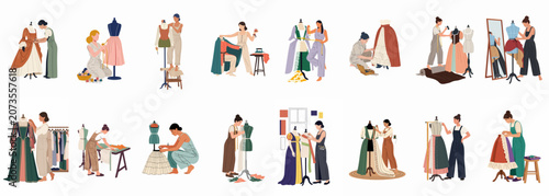 Konstfotografi Set of flat illustrations of professional female tailors and dressmakers creating historical and period costumes on mannequins in their sewing workshops