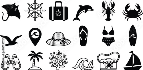Set of Nautical and Summer Vacation Themed Icons