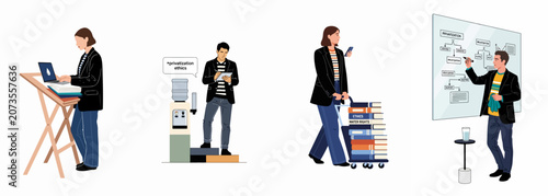 Fotografija Illustrations of professionals analyzing complex business topics including water privatization, corporate ethics, and global water rights in a modern work environment