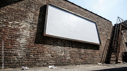 Weathered Aged Brick Wall with Large Blank Billboard and Rusty Fire Escape on Sunny Day, Urban Alley Scene