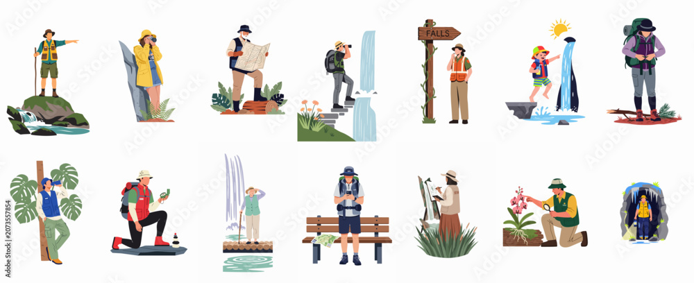 Naklejka premium Collection of diverse flat vector illustrations featuring people engaged in various outdoor adventure activities like hiking, photography, and nature exploration.
