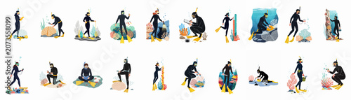 Photos Set of flat illustrations showing diverse marine biologists and scuba divers conducting scientific research on coral reefs underwater