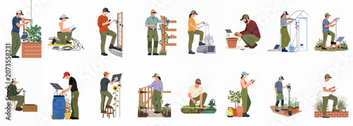 Collection of flat vector illustrations of people installing and maintaining smart solar-powered garden irrigation and monitoring systems.